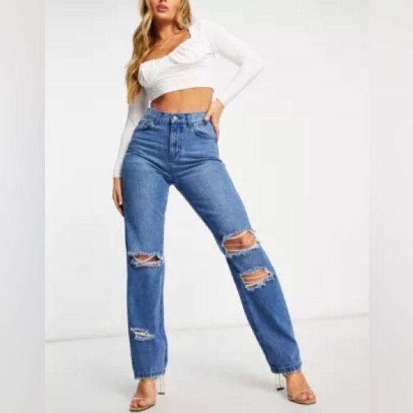Pretty Little Thing Jeans Women 4 Blue Distress Boyfriend Straight Leg Denim NEW - Picture 1 of 16